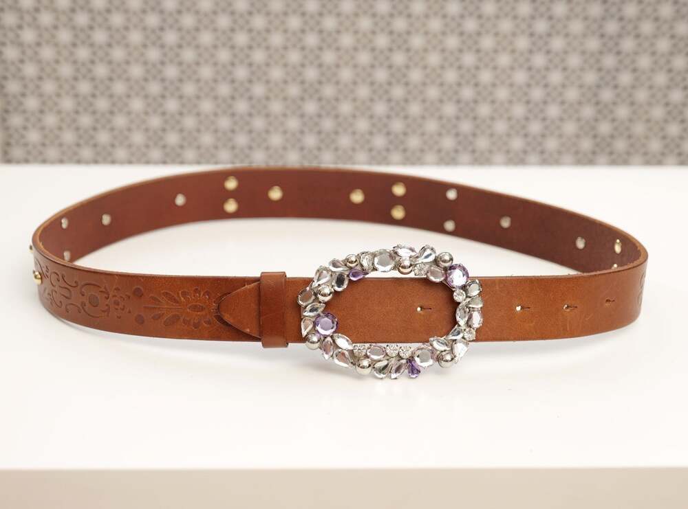 Dolce & Gabbana Brown Leather Crystal Buckle Studded Belt (80 CM / 32 IN)